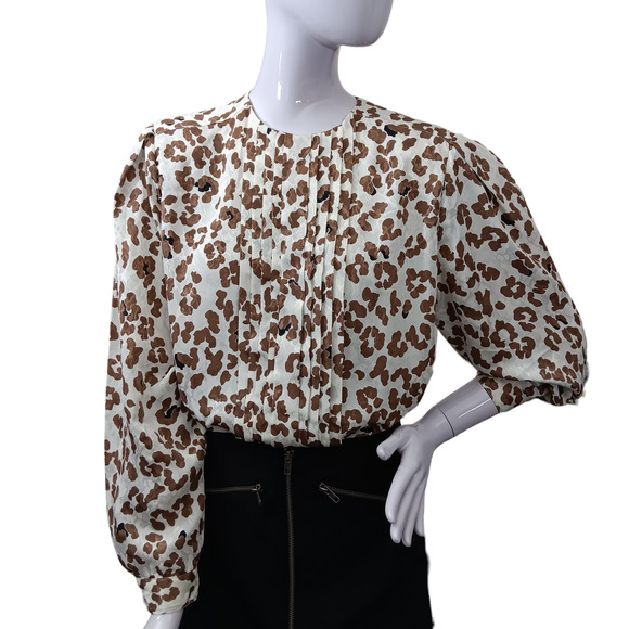 Vintage Marlis Animal Print Blouse Size 12 Brown and White Long Sleeve - Picture 1 of 11